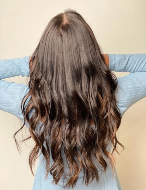 Haarverlängerung Naturton braun und caramel – Arbeitsergebnis von Friseur Mandy und Team