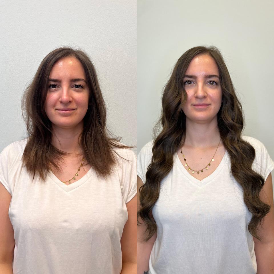 Vorher und nachher - Haarverlängerung an dunklem Haar bei Friseur Mandy und Team