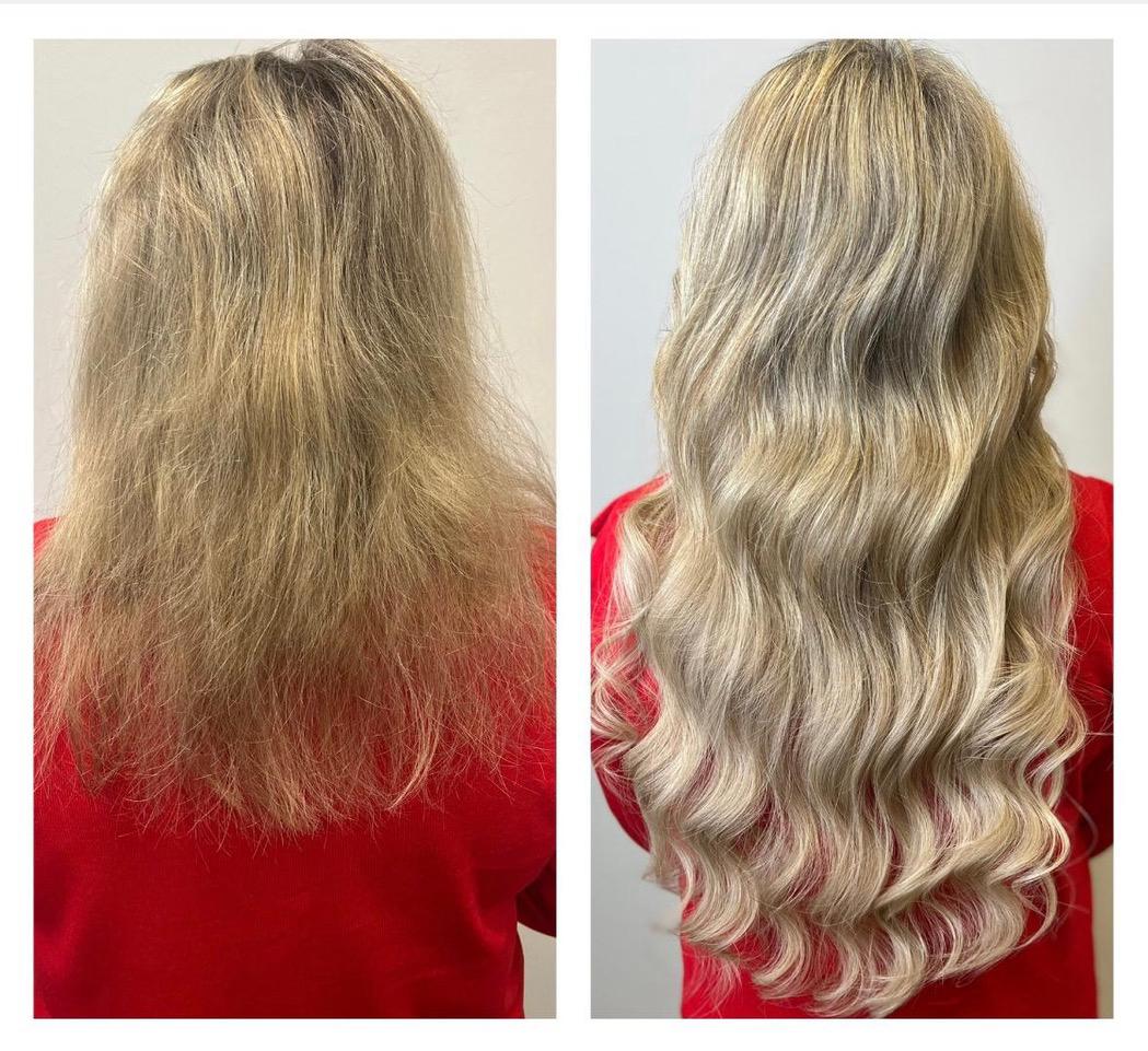 Vorher und nachher - Haarverlängerung in Blond bei Friseur Mandy und Team