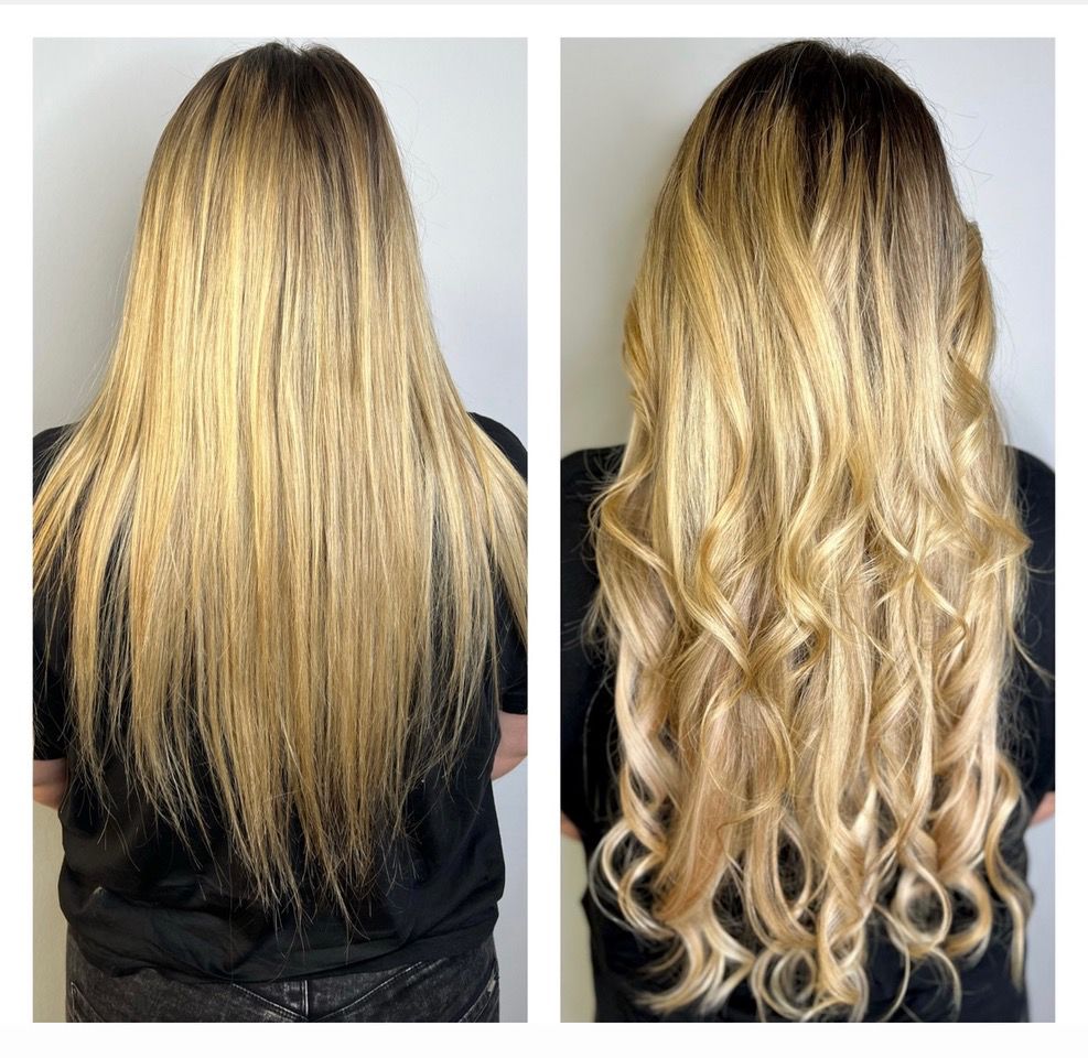 Vorher und nachher - deutlich mehr Länge und Volumen in Blond